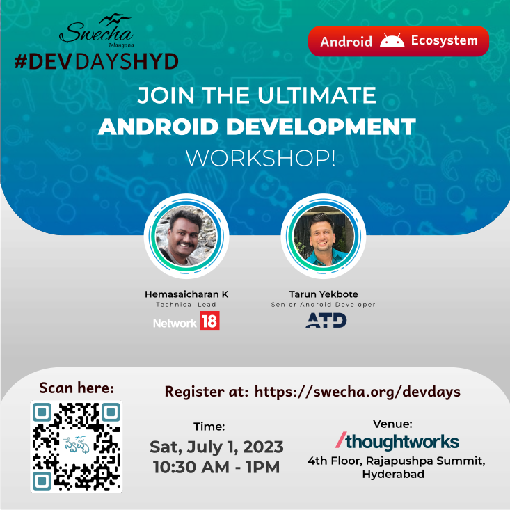 Swecha Telangana | స్వేచ్ఛ తెలంగాణ (@swechafsmi) on Twitter photo #DevDaysHyd: #Android #Ecosystem
2 workshops covering Android Native App Development and Flutter for Android Development
2 expert speakers with over 10 years of experience in Android.
<a href="/hemandroid/">Hema Sai Charan 👨🏻💻 💙</a>
& <a href="/why_tarun/">Tarun Yekbote</a>
📍 <a href="/thoughtworks/">Thoughtworks</a>
Hyderabad Office
RSVP: swecha.org/devdays #DevDaysHyd: #Android #Ecosystem
2 workshops covering Android Native App Development and Flutter for Android Development
2 expert speakers with over 10 years of experience in Android.
<a href="/hemandroid/">Hema Sai Charan 👨🏻💻 💙</a>
& <a href="/why_tarun/">Tarun Yekbote</a>
📍 <a href="/thoughtworks/">Thoughtworks</a>
Hyderabad Office
RSVP: swecha.org/devdays