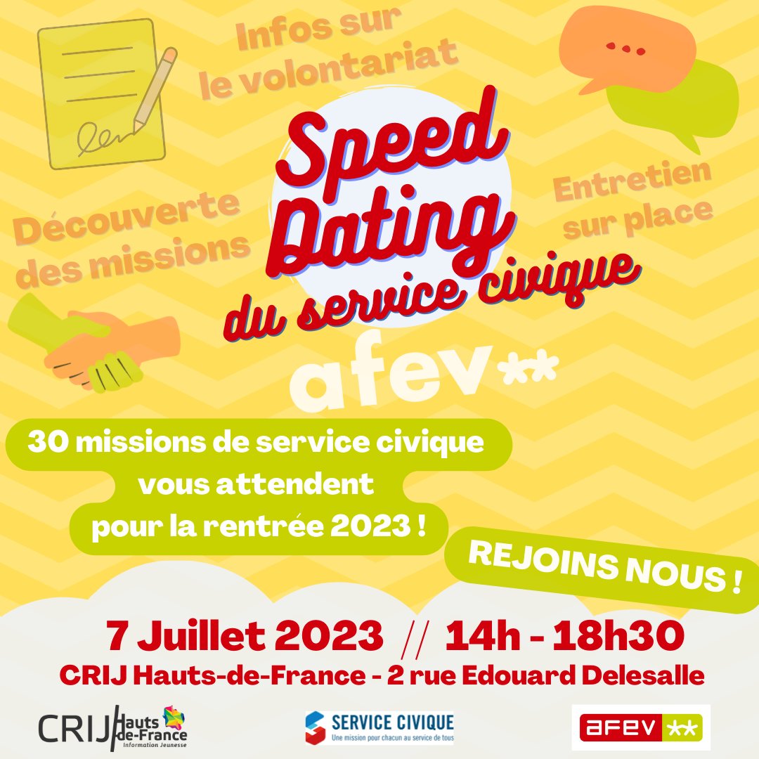 👉Envie de vous rendre utile et rejoindre une équipe de jeunes solidaires de la MEL  ⁉️
👉Venez découvrir les missions de #servicecivique proposées par l'<a href="/afevlille/">AFEV Lille Métropole</a> lors d'un Speed Dating 
➕30 missions à pourvoir
 📅7 juil, 14h-18h30
📌au CRIJ, 2 rue E. Delesalle, #Lille