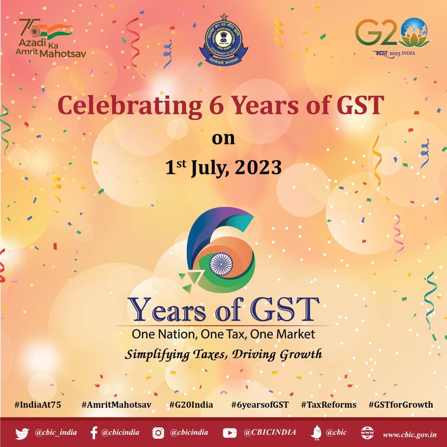Aviralmishrabjp's tweet photo. Embark on the iconic journey of #OneNation #OneTax #OneMarket, nurturing India's economic ecosystem. Celebrating 6 years of GST, a catalyst for #TaxReforms, #GSTforGrowth, and enhanced #EaseofDoingBusiness. Join the success story of #6YearsofGST! https://t.co/FXKj8vSTP6