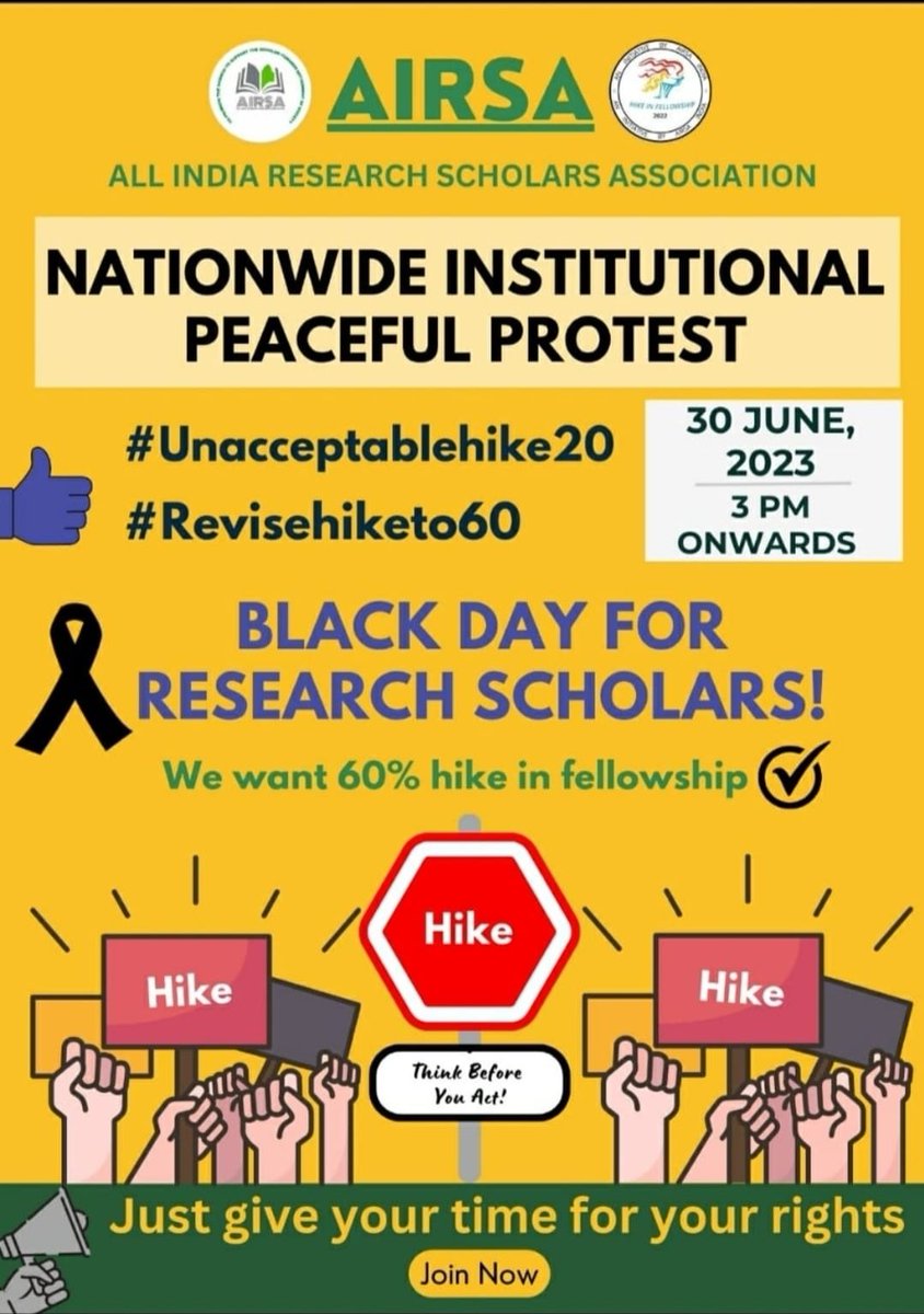 #Unacceptablehike20 
#Revisehiketo60 
@IndiaDST The Government's 19.4% fellowship hike is unacceptable! Research scholars are the backbone of India's R & D ecosystem, and they deserve a 60% hike. 
Join the Nationwide Institutional Peaceful Protest on June 30th to demand a fair…