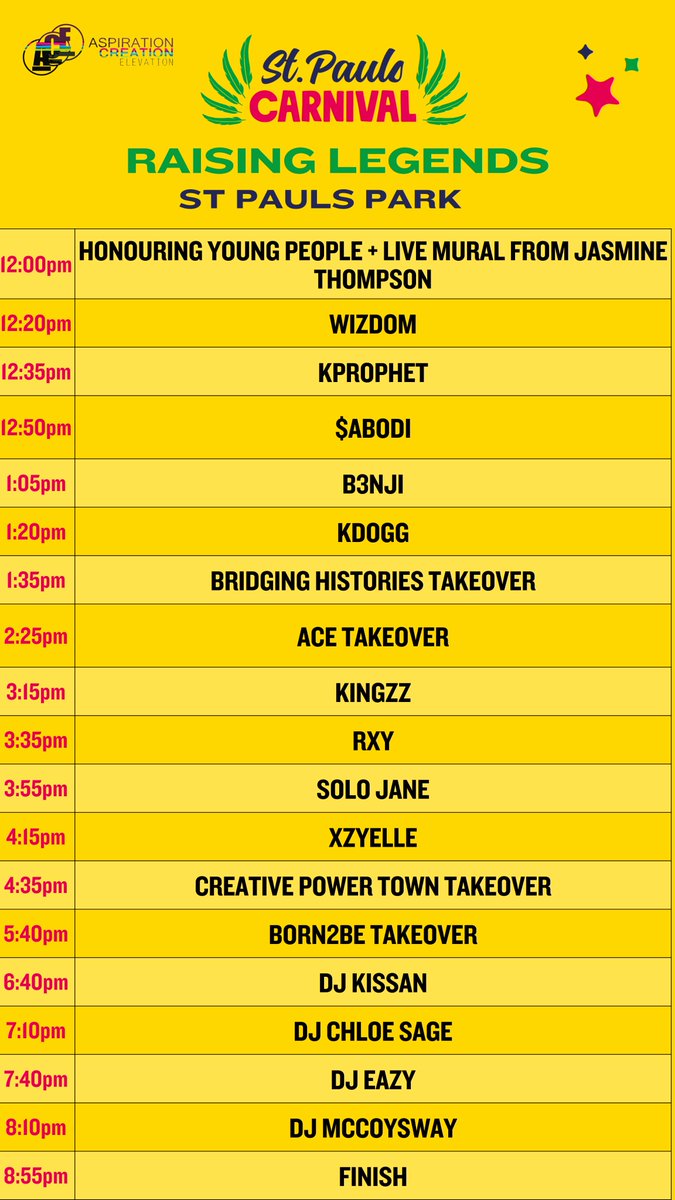 StPaulsCRNVL's tweet photo. UPDATED CARNIVAL DAY SCHEDULES!

Check out the full line up and timings for our four stages tomorrow. Save these to your phone or print them out for easy access tomorrow 🎉 https://t.co/7PvXFhexMu