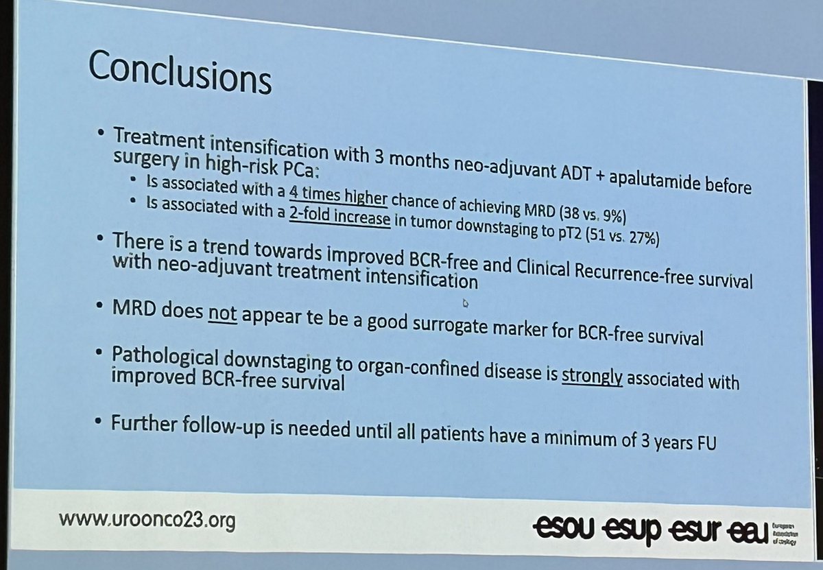 Great presentation of #ARNEO results by @joniau #UroOnco23 Neoadjuvant treatment apa/ADT vs ADT prior to RP in #prostatecancer: BCR not sign. different yet + MRD does not seem to be a good surrogate for BCR. But: downstaging to pT2 was higher with apa/ADT + correlated with BCR