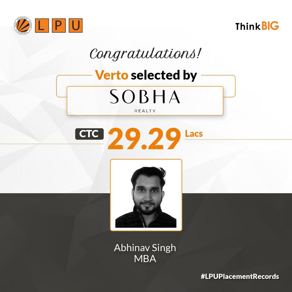 lpuuniversity's tweet photo. Great news! LPU MBA student Abhinav Singh has been placed with Sobha Realty, leading luxury real estate developer in Dubai with CTC 29.29 Lacs!
#MBAAtLPU flourishes with well-crafted academics and amazing placements, which lead our Vertos to life-changing careers . https://t.co/Pc9utyIOPv