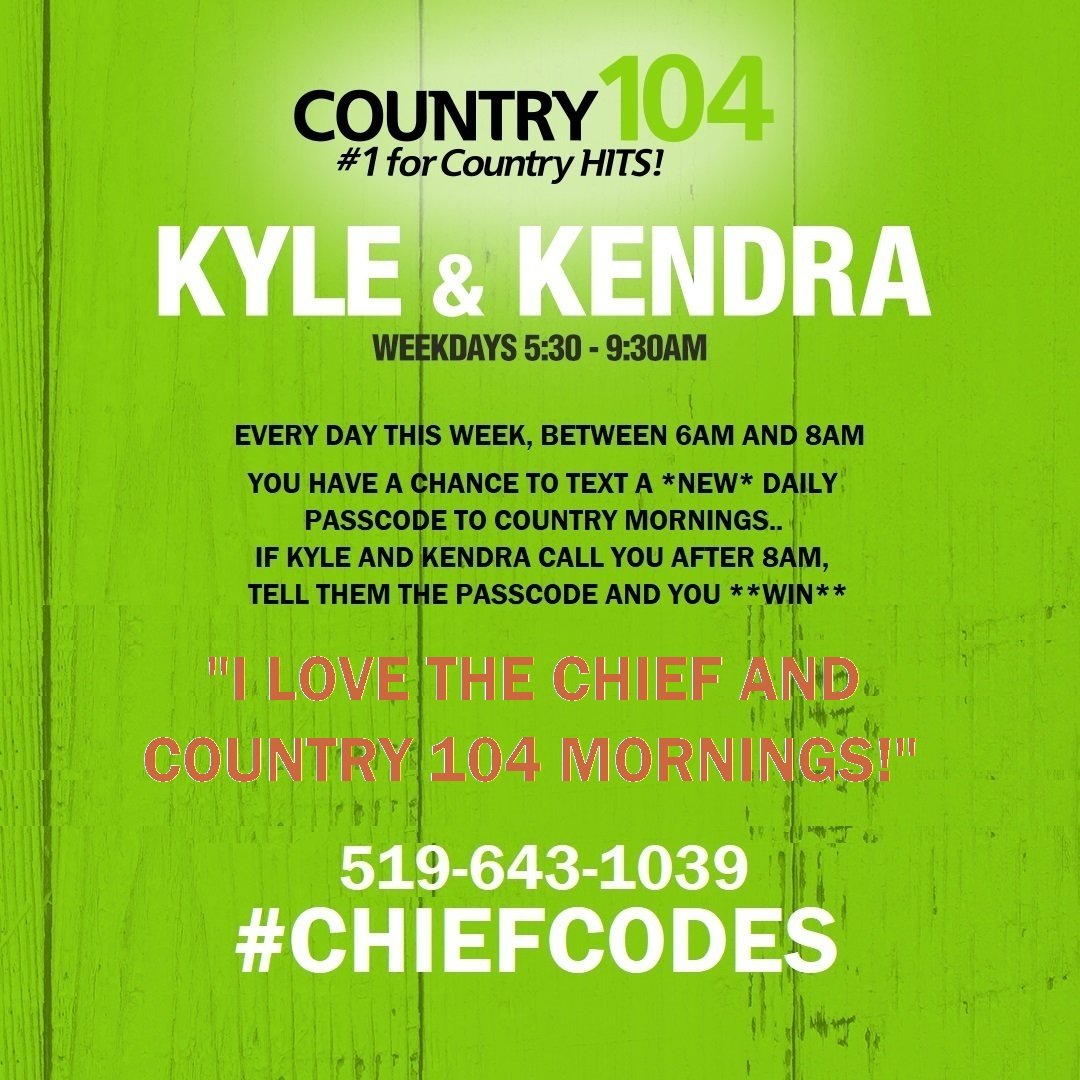 Country104's tweet image. Our final #ChiefCode for @ericchurch tickets July 6th at @budweiserstage ! Text us at 519-643-1039 between 6am-8am for your chance to enter and win!! 🙌🎟️⬇️
#CheifCodes #Country104 #Mornings 

@MooreKendy &amp;amp; @kylegrimard 
Listen: country104.com/player/