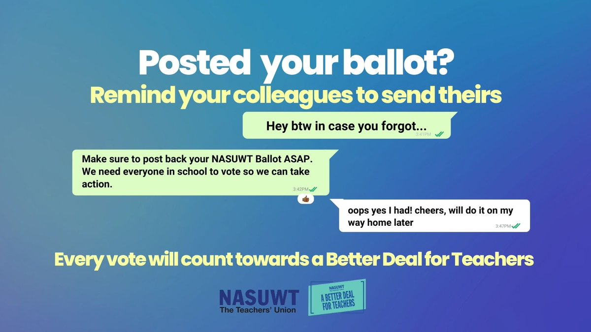 We need to win our ballot school by school so make sure to spread the word and encourage your colleagues to vote. The ballot closes a week tomorrow so don't delay. #betterdealforteachers