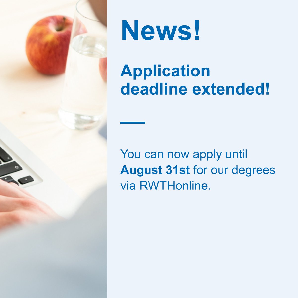 📣 Big News!
We extended our #application deadline for all #medical #master programs!
Until August 31st, you can apply via RWTHonline for our three degrees in #MedicalDataScience 👩‍💻, #LaboratoryAnimalScience 🔬 & #Periodontology 🦷

You can apply here: online.rwth-aachen.de
