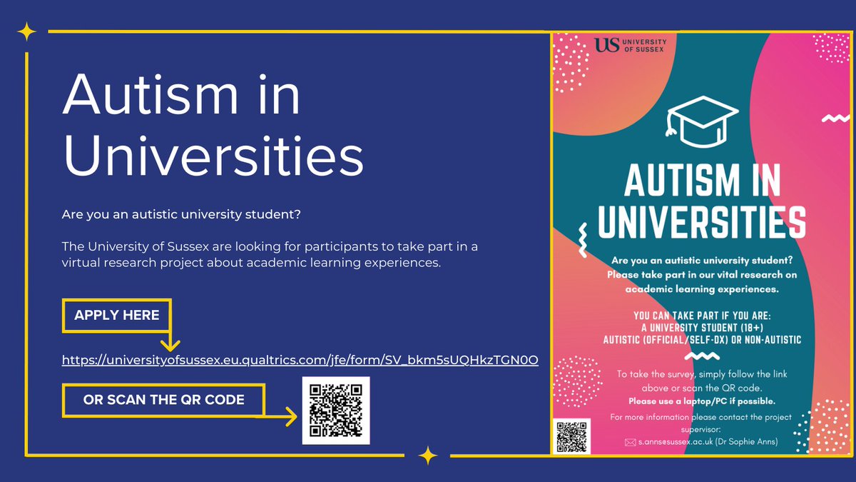 Are you an #autistic #university #student?

➡️Vital research on academic learning experiences with <a href="/SussexUni/">University of Sussex</a> 

"The Autism in Universities Project: Investigating the Academic Learning Experiences of Autistic and Non-Autistic Students"

Details Here: bit.ly/3NvOZ7y