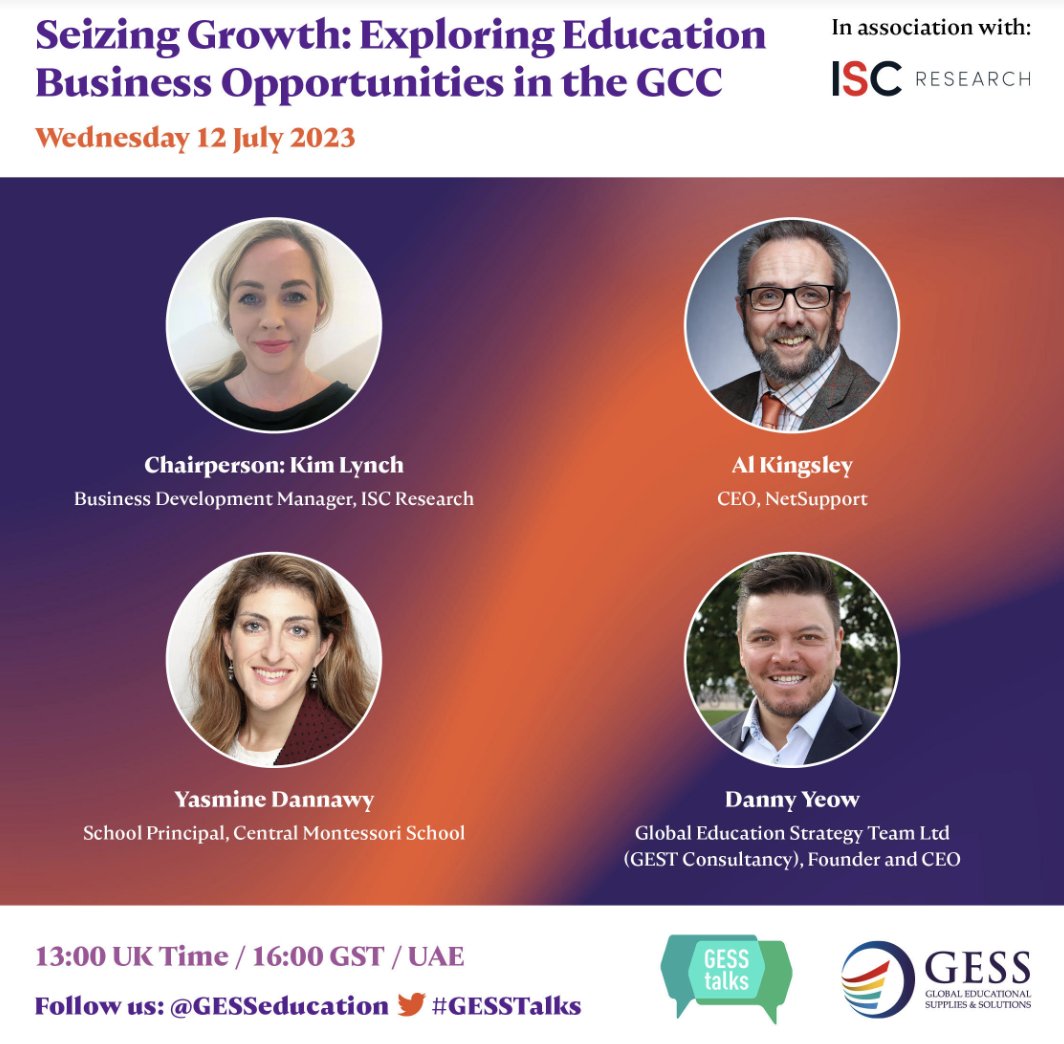 DanielYeow_'s tweet photo. 👉 This should be fun!  Really excited to be on the panel for this webinar with Kim Lynch, @AlKingsley_Edu, @YDannawy, in association with @ISC_Research  and @GESSeducation.  

Those interested in learning about education business opportunities across the GCC should sign up. 🤝 https://t.co/QnEAKVPNvn