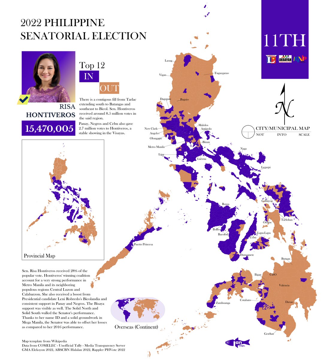 Map Drop🗺️

R1sa Pa!🗳️
Senator Risa Hontiveros defended her Senate seat in the 2022 Philippine general election. She received 15.5 million votes and secured the 11th spot in the winning circle. 

This is her winning coalition mapped by city and town.

#ElectionTwitter
#ianmaps🗺️