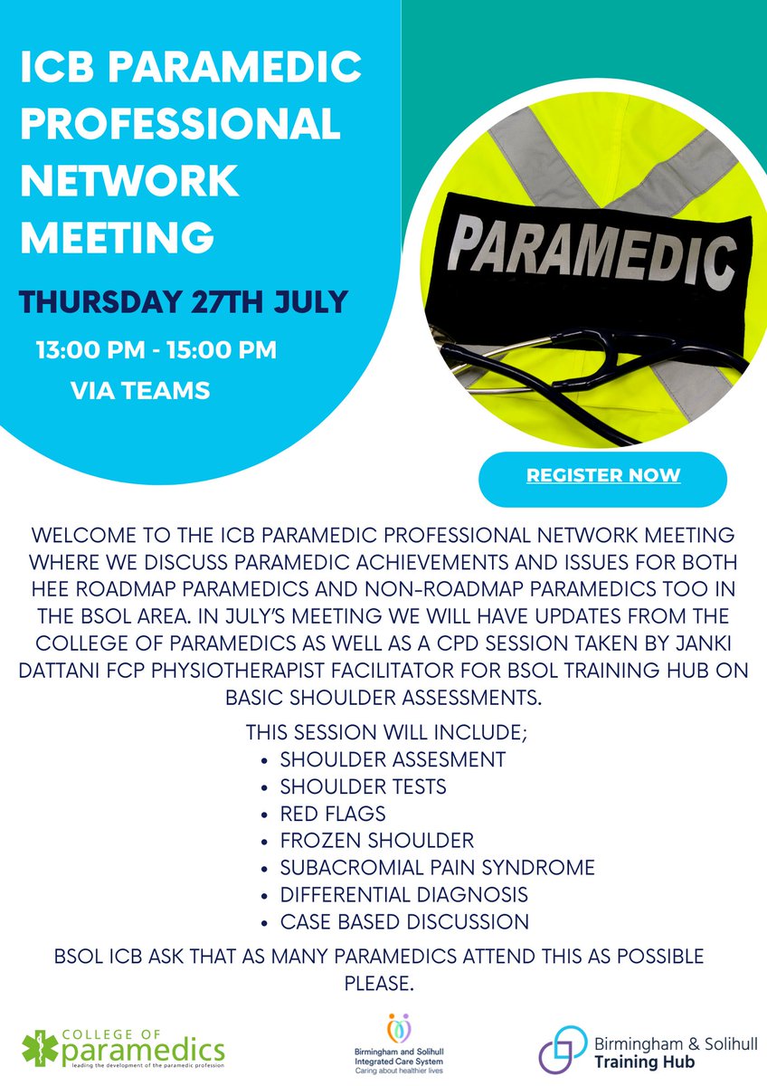 Please register for the ICB Paramedic Professional Network meeting using the link below.

teams.microsoft.com/registration/s…

#bsoltraininghub #birmingham #solihull #ICB #StudentParamedics #Paramedics
