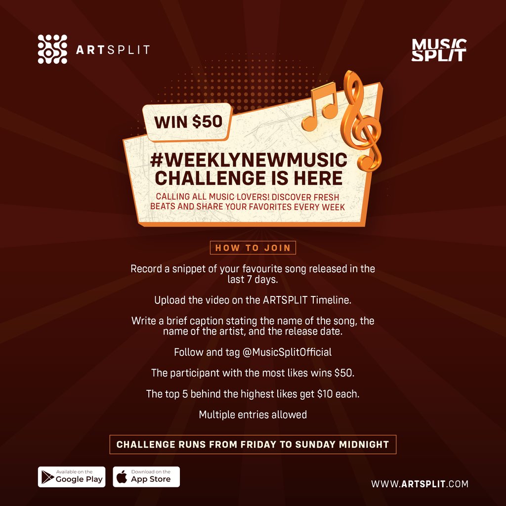 SplitXchange's tweet photo. Let the music move you! ๐ถโจ Share a video of yourself grooving to your favorite new song of the week and join the Weekly New Music challenge on ARTSPLIT. Get ready to dance your way to amazing rewards.ย ๐๐บย #ARTSPLIT
Weekly New Music Challenge๐
https://t.co/eHFhAY1xYQ https://t.co/toIOGZdfLE