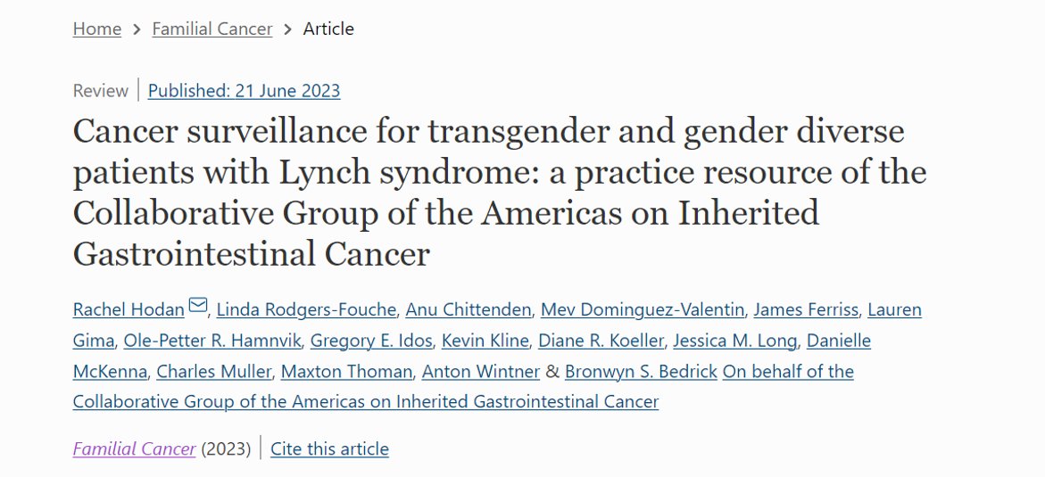 1/As #PrideMonth draws to a close, we're thrilled at the publication of this resource, “#Cancer surveillance for ⚧️& gender diverse patients w/ #LynchSyndrome: a practice resource of the #CGAIGC,” which @cmmuller7 breaks down in this Tweetorial 🧵 #HereditaryGICancer #GITwitter