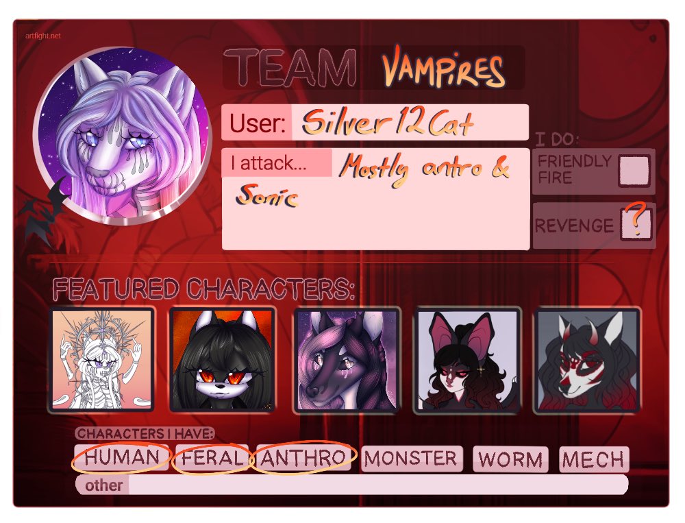 silver12cat's tweet image. Hey everyone! Ready for #artfight2023 ? I am and will be along with my #teamvampire fangs. Attack me if you aren’t afraid to get bitten 🧛🏻‍♂️

artfight.net/~Silver12cat