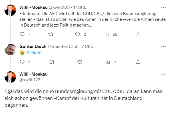 Die Gesinnung der #fckafd und deren Trolle wird hier sehr deutlich. Putin Trolle, sie schüren den Kampf der Kulturen! Und solch eine Partei soll Deutschland nach vorne bringen? Die haben doch alle den Schuss nicht gehört! Seht, was der Russlandnahe Willi Moskau schreibt!