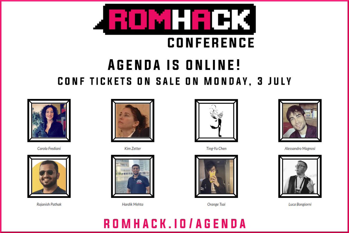 📢 📢 #RomHack2023 conference agenda is online 📢 📢

We are happy to announce this year’s incredible lineup
romhack.io/agenda

Ticket sales will start on Monday, 3 July
romhack.io/buy-tickets/

Check the thread #pleaseRT
⬇️ ⬇️ ⬇️