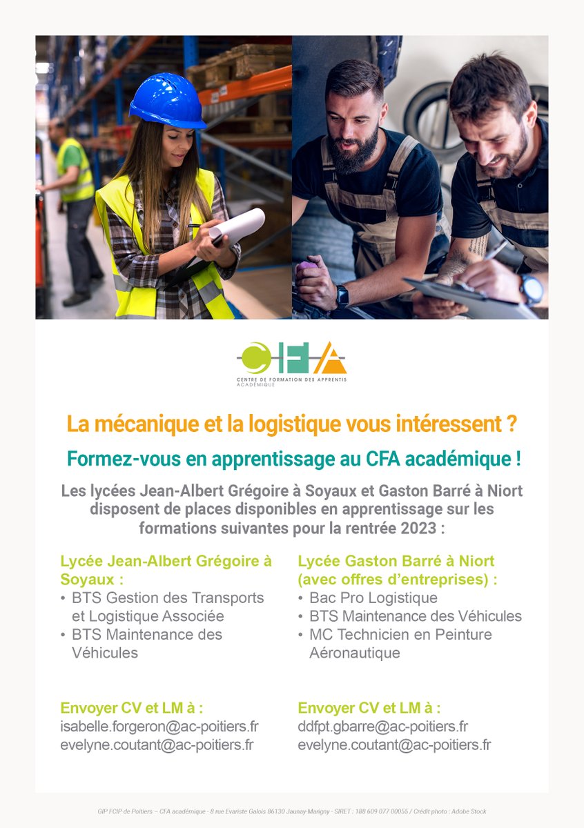 La mécanique et la logistique vous intéressent ? 👨‍🔧 📦
Les lycées Jean-Albert Grégoire à Soyaux et Gaston Barré à Niort vous forment en apprentissage dans ces domaines !

En savoir + : cfa-acad-poitiers.fr/actualites/ufa…