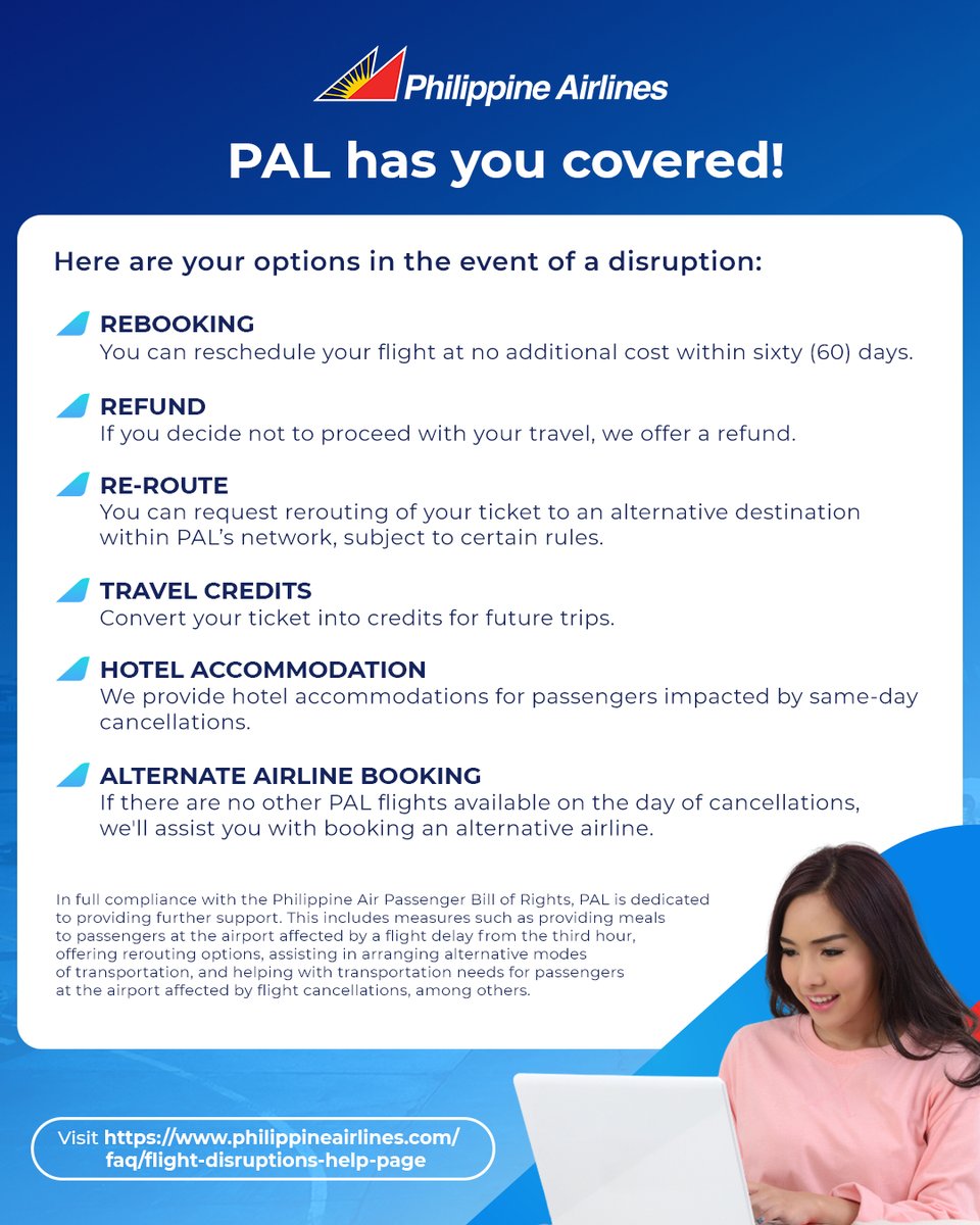 We recognize that flight cancellations or delays can disrupt your travel plans. Our primary aim is to ensure your journey remains smooth, regardless of any unforeseen circumstances. Access the Flight Disruptions Help Page here: ➡️ philippineairlines.com/faq/flight-dis…