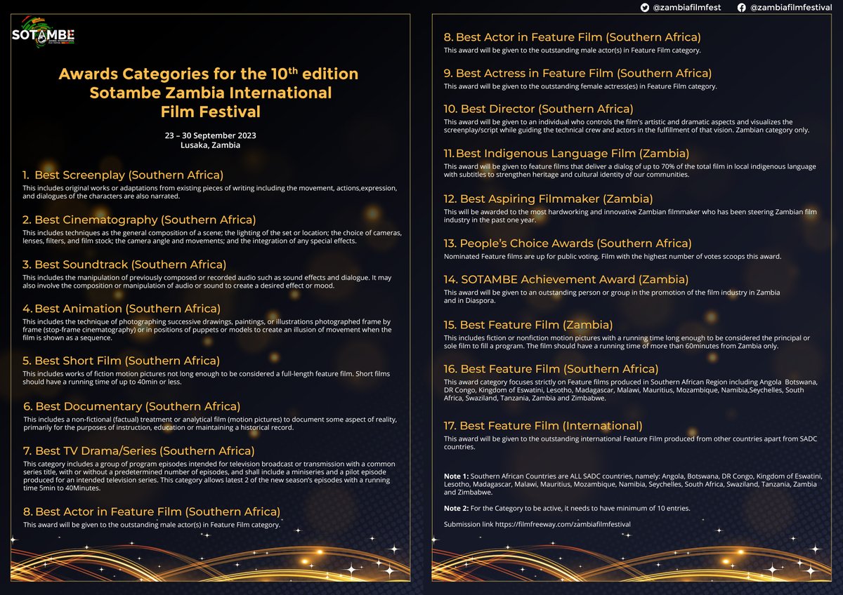 SOTAMBE Zambia International Film Festival (@zambiafilmfest) on Twitter photo We have announced this year's list of Awards Categories!
Submit your film to the <a href="/Zambiafilmfest/">SOTAMBE Zambia International Film Festival</a> today! Only via <a href="/FilmFreeway/">FilmFreeway</a> filmfreeway.com/zambiafilmfest…
#sotambe We have announced this year's list of Awards Categories!
Submit your film to the <a href="/Zambiafilmfest/">SOTAMBE Zambia International Film Festival</a> today! Only via <a href="/FilmFreeway/">FilmFreeway</a> filmfreeway.com/zambiafilmfest…
#sotambe