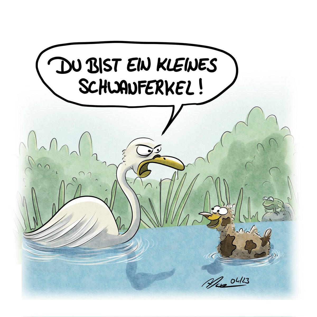 Nohl_cartoons's tweet photo. Immer dreckig die Kleinen. 
#Schwan #nature #Ferkel #Sauerei #Cartoon #digitalpainting https://t.co/UE4rFMWksq