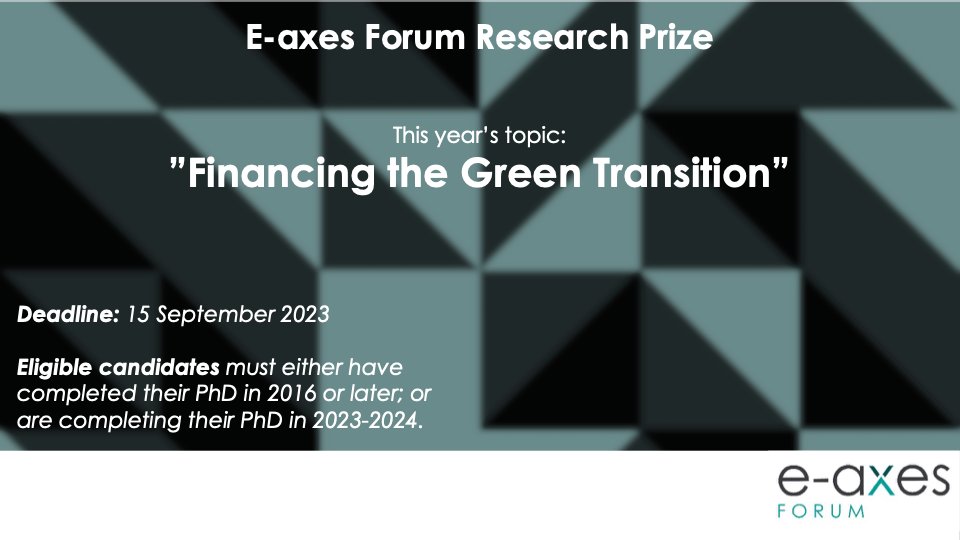 E-axes Forum (@eaxesforum) on Twitter photo We are now accepting submissions for our annual Research Prize on the topic of "Financing the Green Transition."
The deadline is 15 September 2023.
Call for Papers➡️e-axes.org/wp-content/upl…
More Info➡️ e-axes.org/prize/
#EconTwitter
<a href="/INSPIREgreenfin/">INSPIRE - Greening the financial system</a> <a href="/Pierre_Monnin/">Pierre Monnin</a> We are now accepting submissions for our annual Research Prize on the topic of "Financing the Green Transition."
The deadline is 15 September 2023.
Call for Papers➡️e-axes.org/wp-content/upl…
More Info➡️ e-axes.org/prize/
#EconTwitter
<a href="/INSPIREgreenfin/">INSPIRE - Greening the financial system</a> <a href="/Pierre_Monnin/">Pierre Monnin</a>