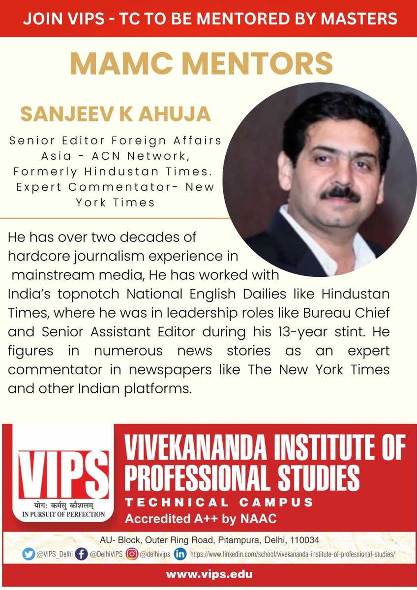 VIPS_Delhi's tweet photo. #JoinMAMC! We are delighted to introduce Sanjeev K. Ahuja, an esteemed figure in the world of media and journalism, as a mentor for the MA MC Program at VIPS-TC. His guidance and expertise will undoubtedly inspire and empower the next generation of media and journalism leaders. https://t.co/OZOsvjgiQQ