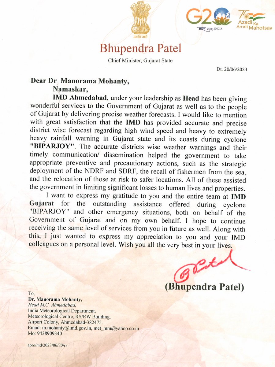 Hon’ble CM, Gujarat State has appreciated the IMD’s forecast for the cyclone “Biparjoy” @Indiametdept