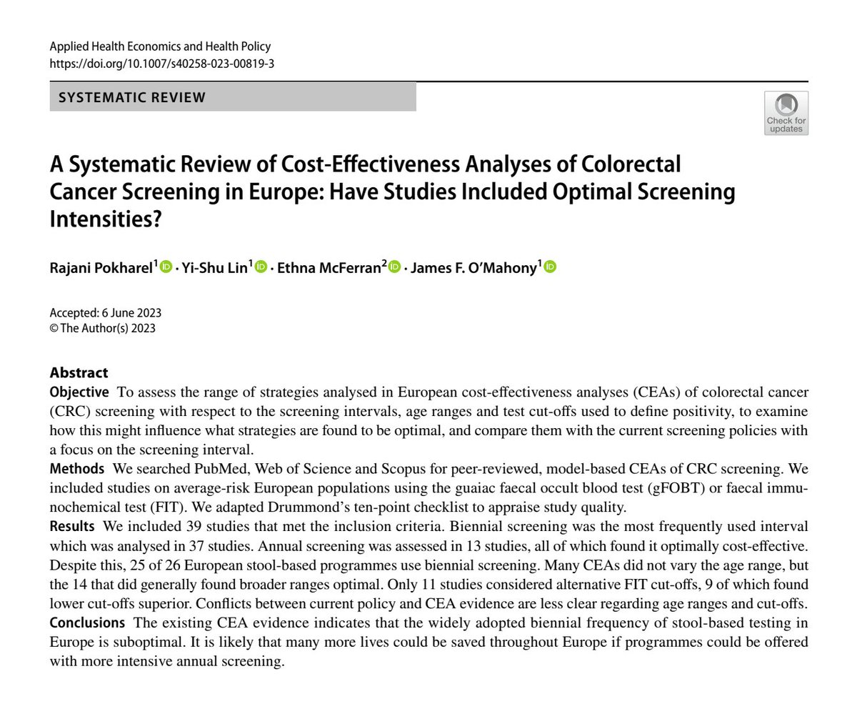 James O'Mahony 🇺🇦🇵🇸☮️ (@jamesfomahony) on Twitter photo Delighted with <a href="/RajaniPokharel/">Rajani Pokharel</a>'s first paper from her doctoral research. Many colorectal screening CEAs don't include annual FIT, potentially leading policy makers to undershoot optimal intensities.
<a href="/SPHeREprogramme/">SPHeRE</a>
<a href="/TCDhpm/">Centre For Health Policy and Management</a>
<a href="/TrinityMed1/">School of Medicine, Trinity College Dublin</a>
<a href="/ApplHealthEcon/">Tim Wrightson ☮</a>
link.springer.com/article/10.100… Delighted with <a href="/RajaniPokharel/">Rajani Pokharel</a>'s first paper from her doctoral research. Many colorectal screening CEAs don't include annual FIT, potentially leading policy makers to undershoot optimal intensities.
<a href="/SPHeREprogramme/">SPHeRE</a>
<a href="/TCDhpm/">Centre For Health Policy and Management</a>
<a href="/TrinityMed1/">School of Medicine, Trinity College Dublin</a>
<a href="/ApplHealthEcon/">Tim Wrightson ☮</a>
link.springer.com/article/10.100…