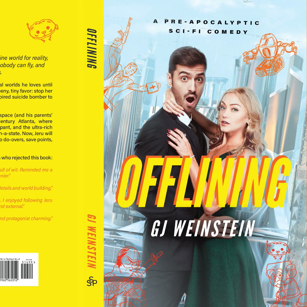 martadecdesign's tweet photo. "Offlining" by GJ Weinstein - a comedy sci-fi book, the cover for which was a very fun challenge and mix of photomanipulation and comic book characters. 😍 

#bookcover https://t.co/dlAcDTUM5s