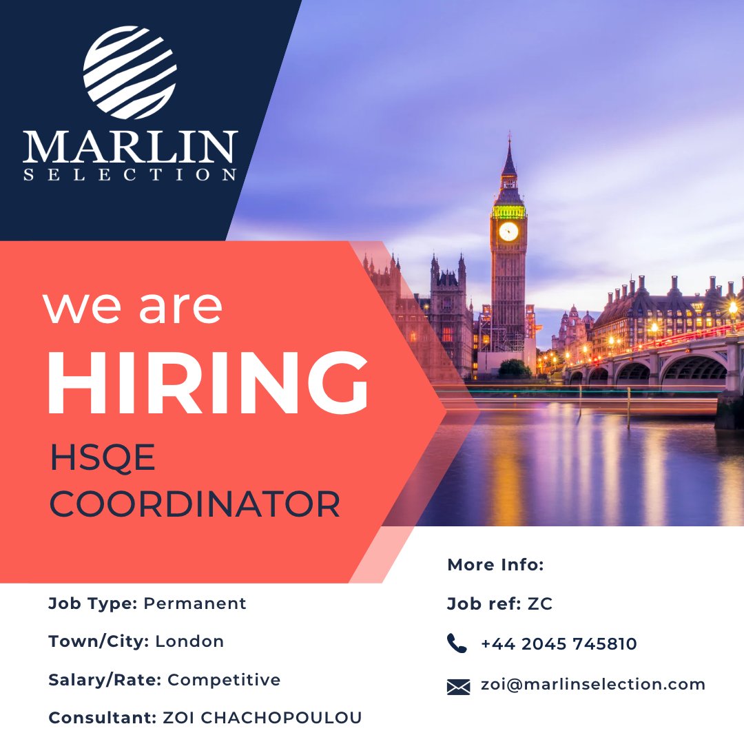 MarlinSelection's tweet photo. Our client, an Innovative Power Supply Company is looking for an HSQE Coordinator to join their team in London.

Find out more - https://t.co/vA8F2INHqz

#MarlinSelection #JobSearch #JobHunt https://t.co/4kzWXd8liF