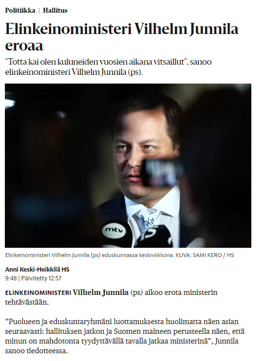 VarisVerkosto's tweet photo. Natsiministeri Vilhelm Junnila eroaa. Tiedotteessaan hän korostaa, että hänellä kuitenkin on puolueensa ja näiden eduskuntaryhmän luottamus. Tämä kertoo olennaisen perussuomalaisista. Mutta entä Junnilan arvot jakavat suomensisulaiset Halla-aho, Peltokangas ja muut? https://t.co/8nxvmx0uow