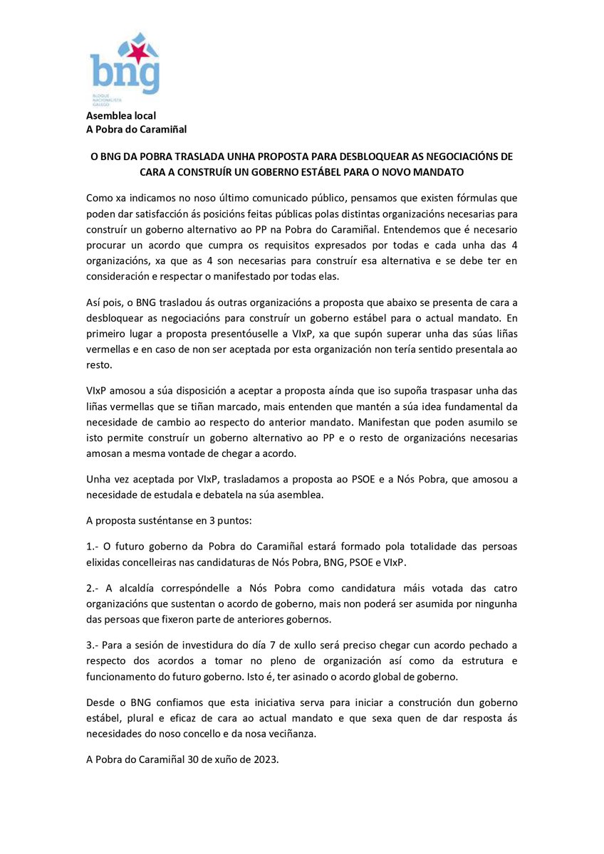 bng_pobra's tweet image. O BNG da Pobra traslada unha proposta para desbloquear as negociacións de cara a construír un goberno estábel para o novo mandato.
#BNG #Proposta #NovoGoberno