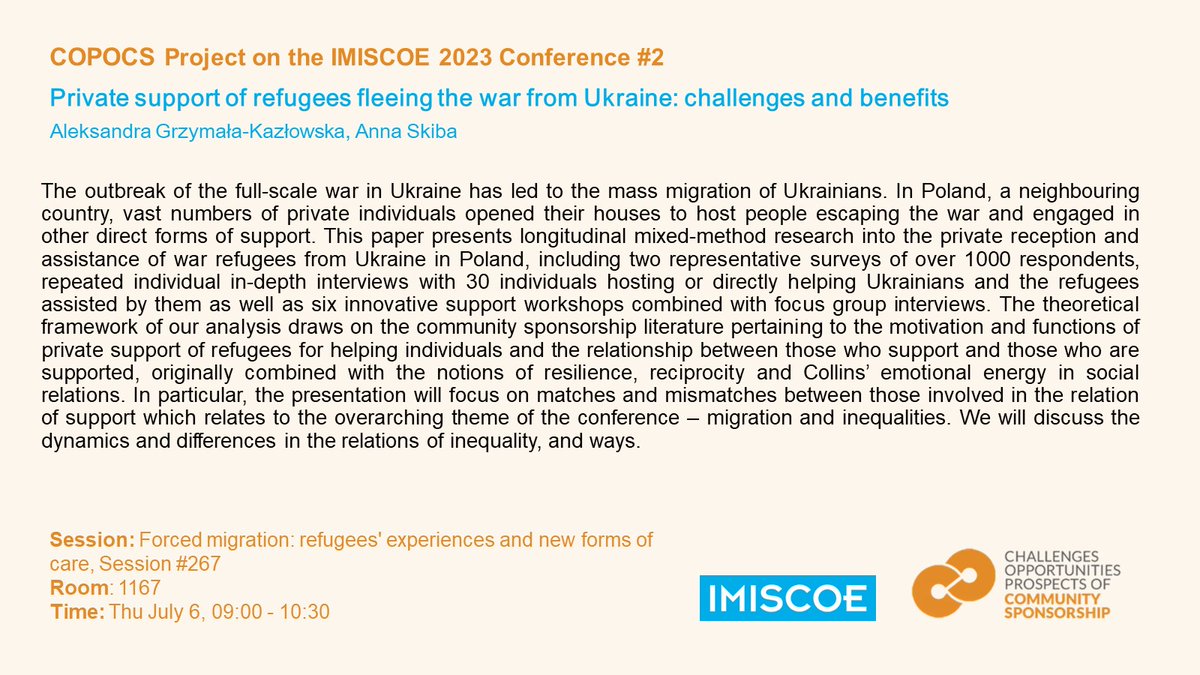 At the upcoming @IMISCOE Conference, you can join two @COPOCSproject papers, presented by @Kazlowskaa, #RenataStefańska, and @amskiba. 
Come and join us!
#communitysponsorship #imiscoe2023 @CMR_Warsaw