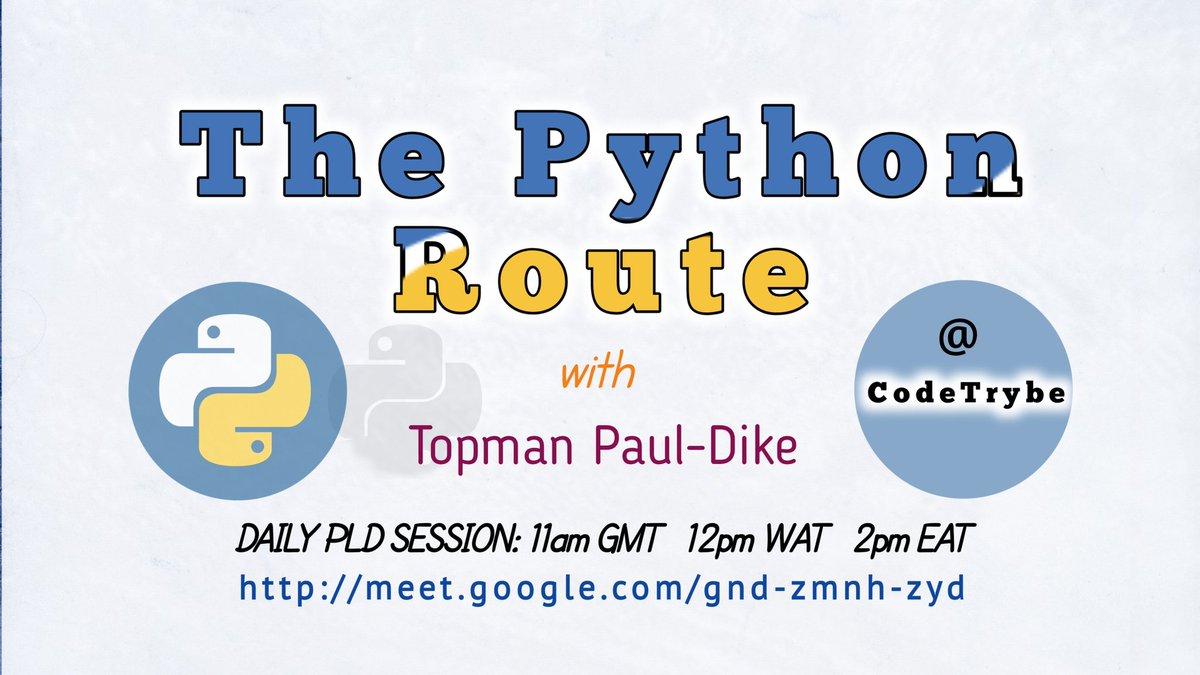 tpauldike's tweet photo. Hello! We're starting from the scratch on Saturday 1/7/2023 and the series will be recorded this time for those who might find the time inconvenient; it's THE PYTHON ROUTE with Topman Paul-Dike.
https://t.co/uTsJHf1Vgm
#tpauldike
#CodeTrybe
@alx_africa
@facesofalxse https://t.co/EyfKXp7UnJ