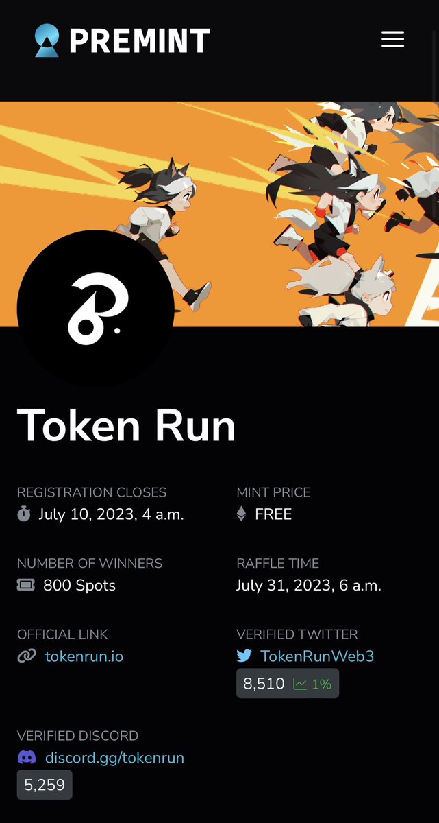 Great reach for the #TokenRun, in 5 days: ⁃Twitter followers increased from 2 662 -> 8 510 ⁃Discord members from 547 -> 5 259 Btw, don’t forget to register for WL raffle! premint.xyz/token-run/ More @TokenRunWeb3