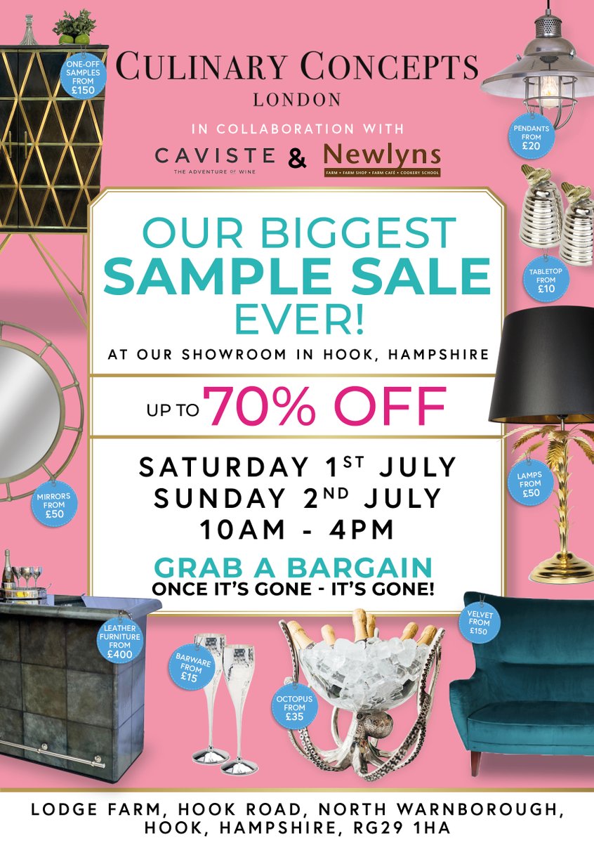 Visit our Hook, Hampshire Showroom this weekend for our BIGGEST Sample Sale Yet! 
We will be joined by fellow local businesses <a href="/Caviste/">Caviste</a> and <a href="/newlynsfarm/">Newlyns Farmshop</a> who will be serving delicious food &amp; refreshing wine, beer and G&amp;Ts. #samplesale #furniture #homeware #events #culinaryconcepts