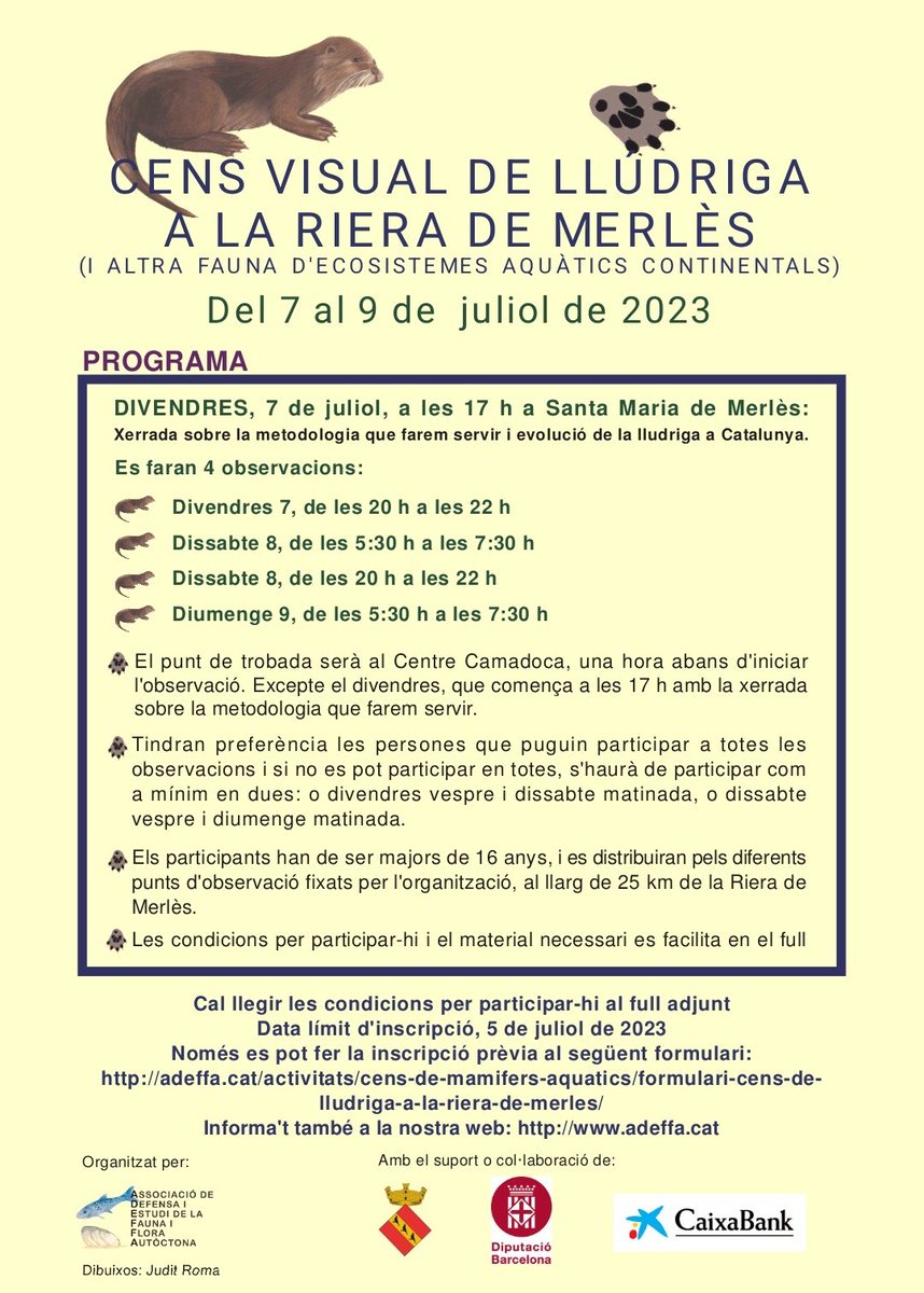 Com cada any la colla de <a href="/CAMADOCA_ADEFFA/">ADEFFA</a> organitzen interessants activitats ambientals. No us ho perdeu!
#camadoca #llúdriga #censdefauna #natura