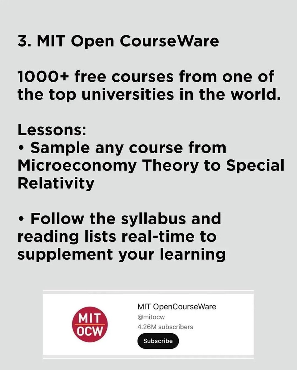 MindWisdomMoney's tweet photo. 3. MIT open CourseWare

https://t.co/PR7hX9QsId https://t.co/dIyxA8dpdi