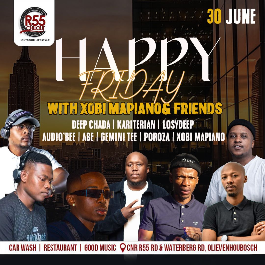 R55_CHILLOUT's tweet photo. ‼️ Today ‼️

The Roof Top Experience Presents: Happy Friday.

📅: 30 June 2023
🎚️: Xobi Mapiano,Deep Chada,@Kariterian501, @AudioBee_Dj,Poroza ,Abey,Gemini Tee &amp; LosyDeep

#TheRoofTopExperience
#FreeWiFi
#carwash https://t.co/fz0BSzKk5H