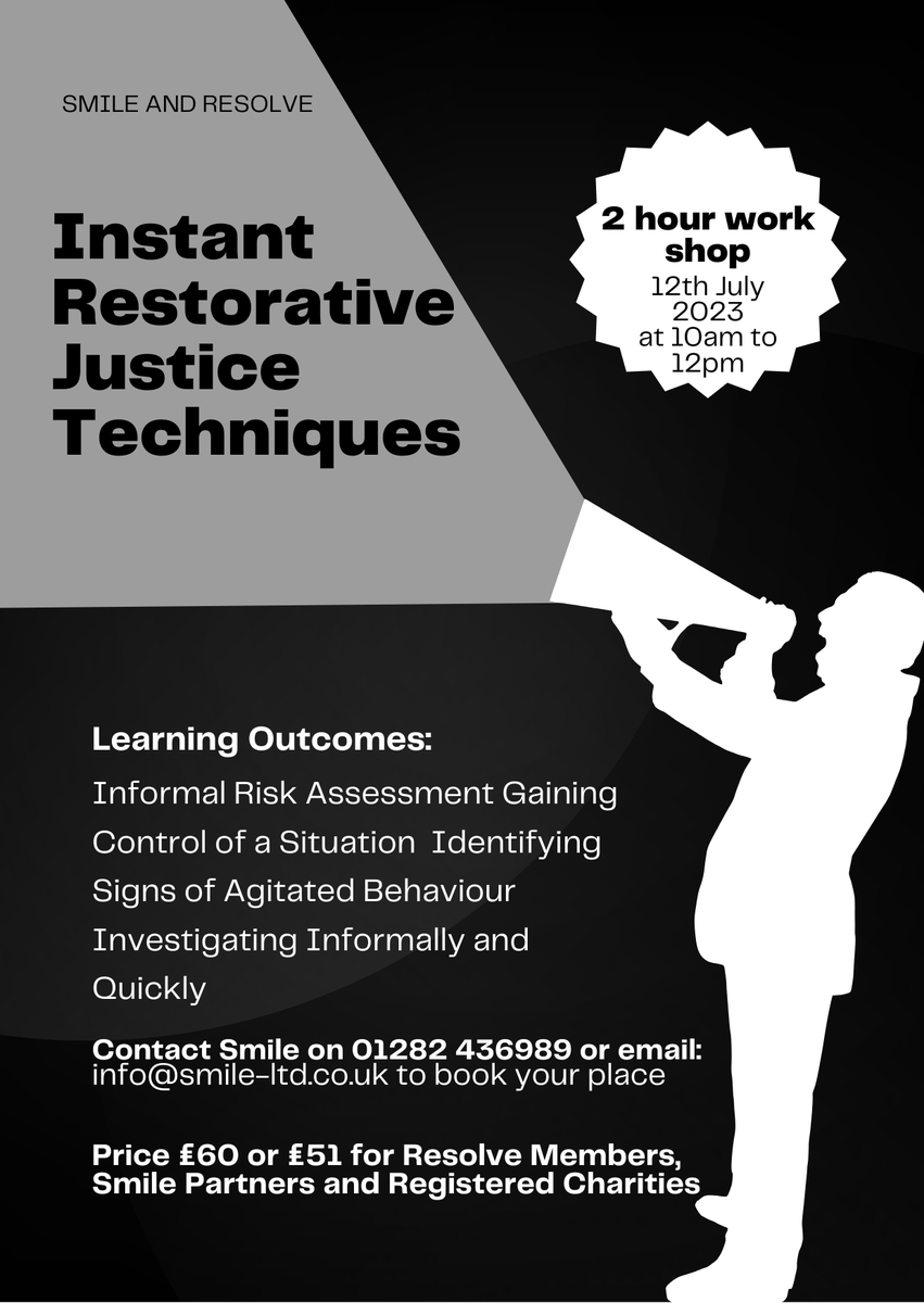 We're looking forward to our upcoming BRAND NEW 2 hour #onlineworkshop on Instant #RestorativeJustice Techniques!

Call 01282 436989 or email info@smile-ltd.co.uk to book your place (only a handful remaining - 1st come 1st served).

#brandnew #discount #excitingopportunity
