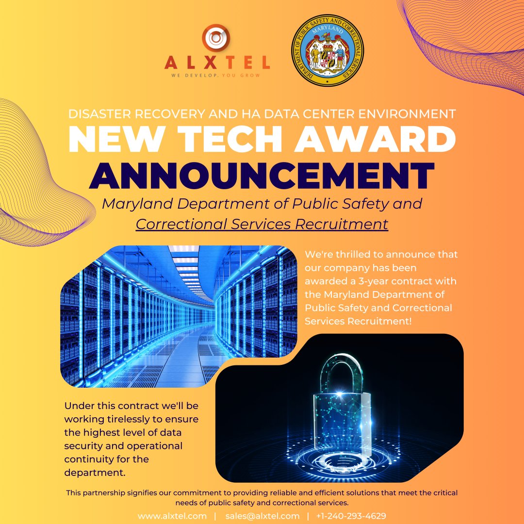 Amazing news this morning. AlxTel has been chosen to create a turnkey Automatic Backup and Disaster Recovery Data Center solution for Maryland  Department of Public Safety &amp; Correctional Services. The project is initially for 3 years and will be renewed on annual basis after that