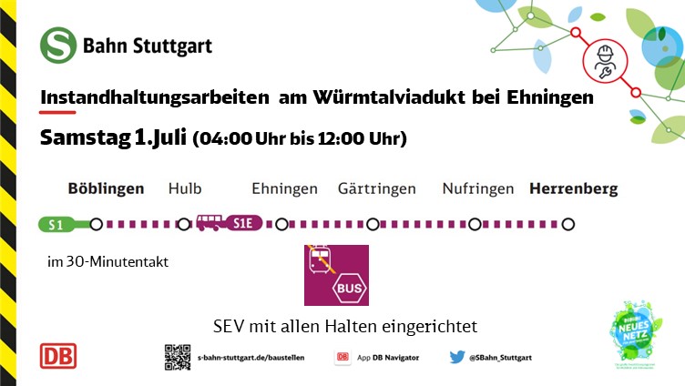 SBahn_Stuttgart's tweet image. 🚧#Drandenken Instandhaltungsarbeiten am Würmtalviadukt bei #Ehningen

Zwischen #Ehningen und #Herrenberg wird #S1 durch Busse ersetzt. Achtung: Bus fährt schon ab #Böblingen und heute Nacht bis morgen früh fährt #S1 nur bis Böblingen.

Details: 👉t1p.de/n6y5u