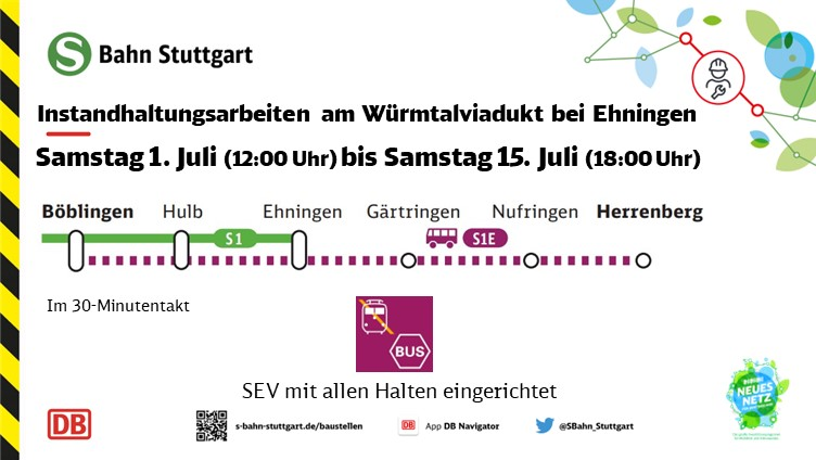 SBahn_Stuttgart's tweet image. 🚧#Drandenken Instandhaltungsarbeiten am Würmtalviadukt bei #Ehningen

Zwischen #Ehningen und #Herrenberg wird #S1 durch Busse ersetzt. Achtung: Bus fährt schon ab #Böblingen und heute Nacht bis morgen früh fährt #S1 nur bis Böblingen.

Details: 👉t1p.de/n6y5u
