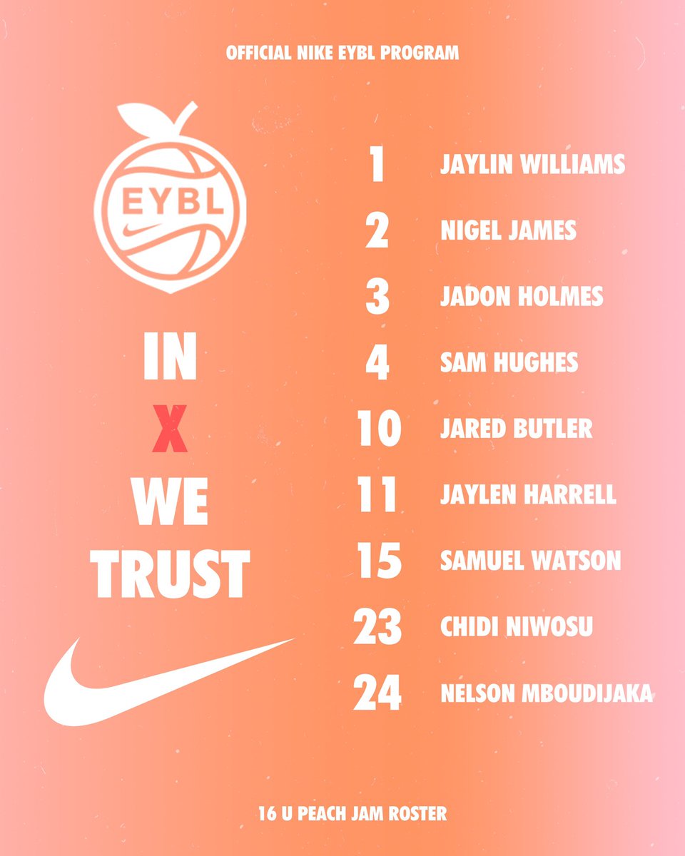 Expressions Elite Basketball (@expressionsball) on Twitter photo <a href="/ExpressionsBall/">Expressions Elite Basketball</a> <a href="/NikeEYB/">EliteYouthBasketball</a> 16U PEACH 🍑 JAM SCHEDULE & ROSTER:
7.3 vs STRIVE FOR GREATNESS 3pm
7.4 vs. FLORIDA REBELS 1:30pm
7.5 vs. NH LIGHTNING 7:30pm
7.7 vs. MOKAN 12pm
#In❌WeTrust <a href="/ExpressionsBall/">Expressions Elite Basketball</a> <a href="/NikeEYB/">EliteYouthBasketball</a> 16U PEACH 🍑 JAM SCHEDULE & ROSTER:
7.3 vs STRIVE FOR GREATNESS 3pm
7.4 vs. FLORIDA REBELS 1:30pm
7.5 vs. NH LIGHTNING 7:30pm
7.7 vs. MOKAN 12pm
#In❌WeTrust