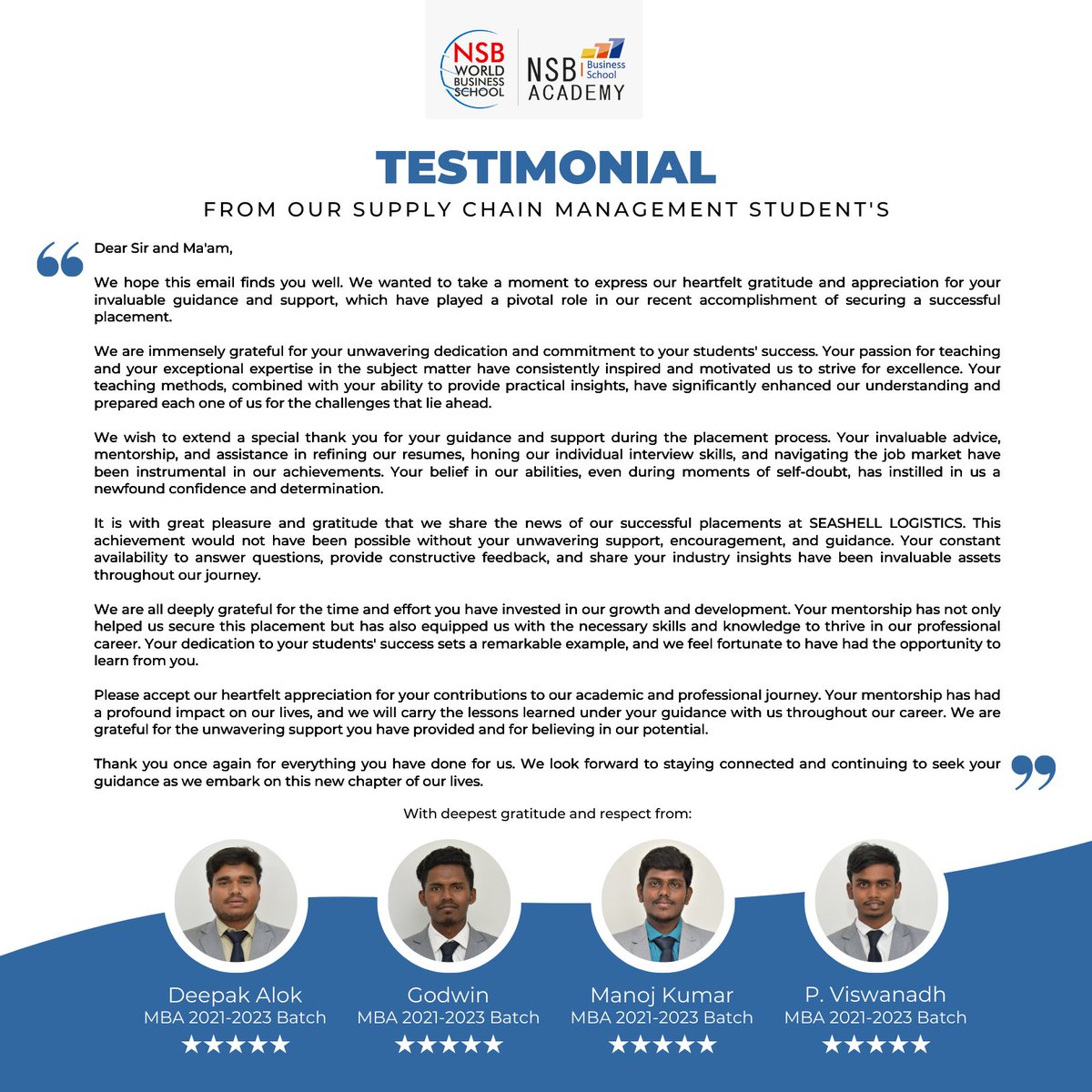 ✨ Inspiring and vitalizing stories from our supply chain management students of MBA cohort 2021-2023.

#nsb #nsbacademy #businessschool #mba #pgdm #bschool #students #supplychainmanagement #StudentTestimonials #InspiringJourneys #TransformYourFuture #bangalore #india