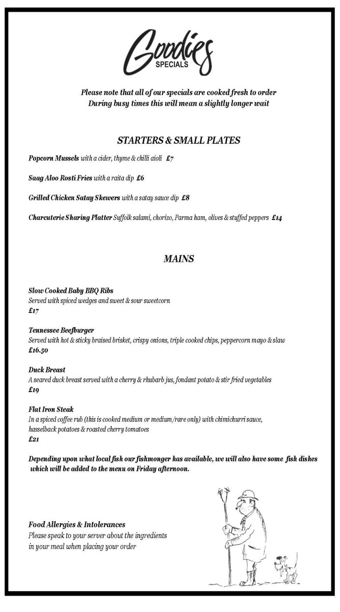 *** TODAY’S SPECIALS - Friday 30 June *** Today is the first of our Summer Fridays and our restaurant is open all day and into the evening with last orders at 8pm. Walk-ins are always welcomed but you can also book a table ahead by calling us on 01379 676880.