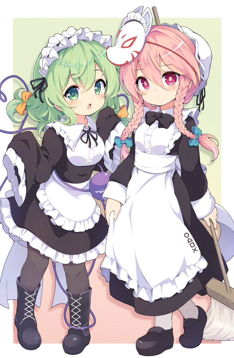 hata no kokoro ,komeiji koishi multiple girls 2girls enmaided mask maid pink hair green hair  illustration images