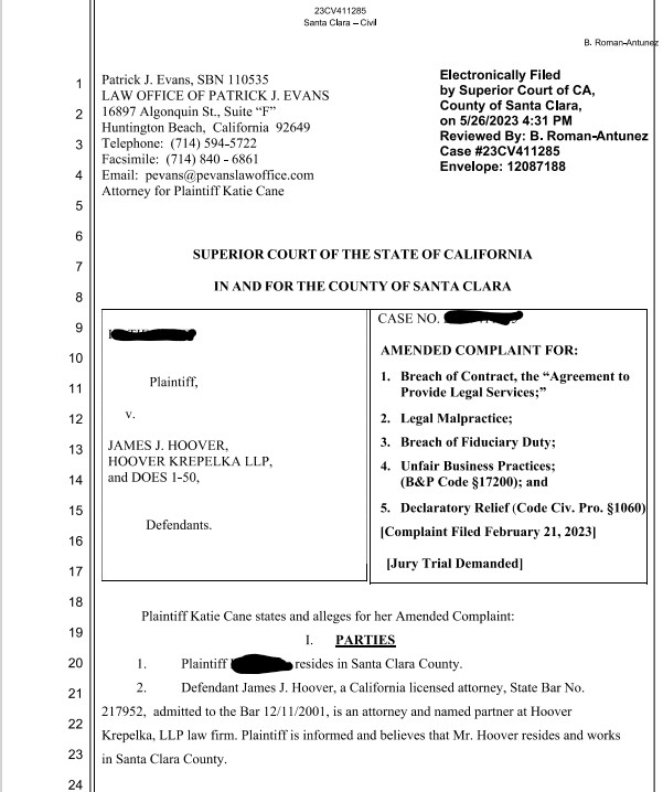 Yes, Jim Hoover and  Hoover Krepelka law firm is being sued for malpractice and unfair business practices for the little side hustle with the nonprofit WomenSV. In a separate federal case, WomenSV has been sued for violating civil rights. That one is pro per. The 17200 is not