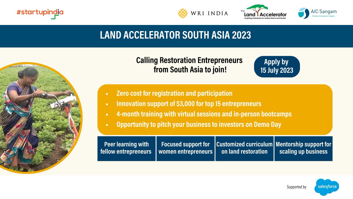WRIIndia's tweet photo. Calling entrepreneurs who are restoring forests &amp; farms across South Asia with innovative business models! APPLY to #LandAccelerator South Asia 2023- a unique program with multiple benefits for #startups by 15 JULY here: https://t.co/9rOO8IHe8X 

#generationrestoration https://t.co/JNZZGoTwNW
