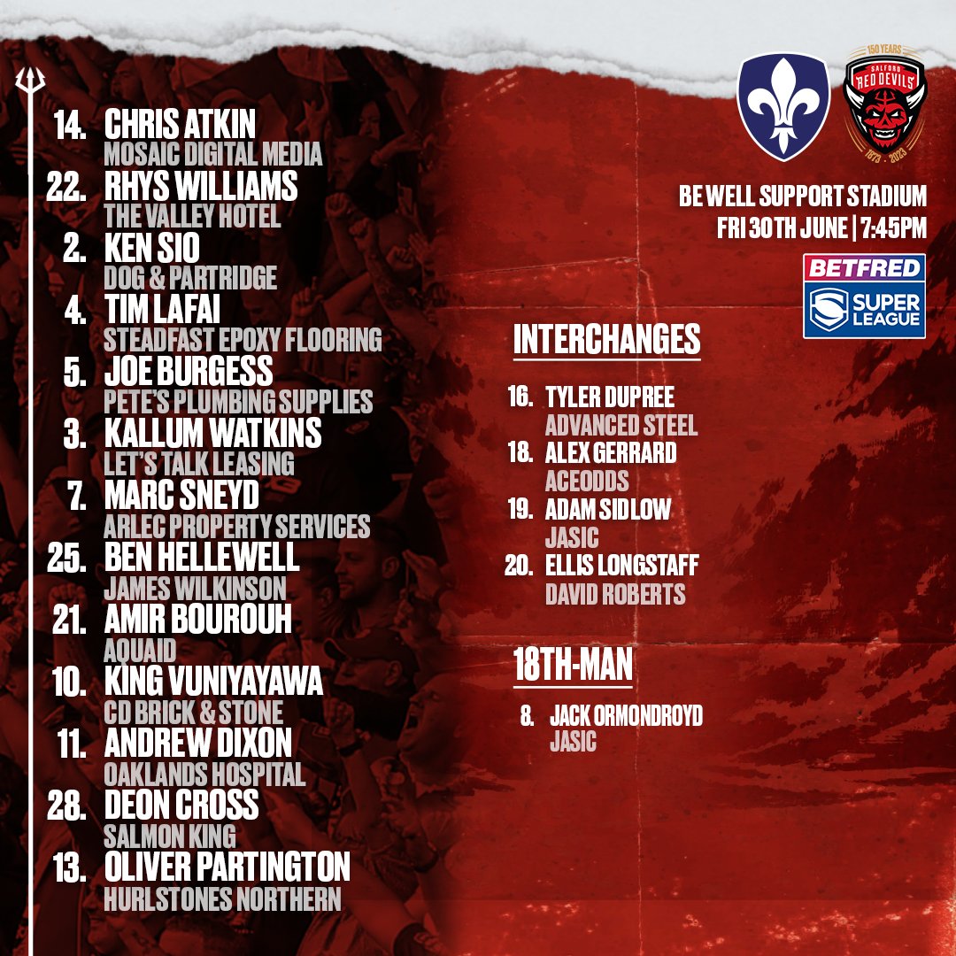SalfordDevils's tweet photo. Here's how we line-up for Round 1⃣7⃣ this evening! 👹 

Alex Gerrard returns from injury! 💪 https://t.co/2iI6Z0wZ8t