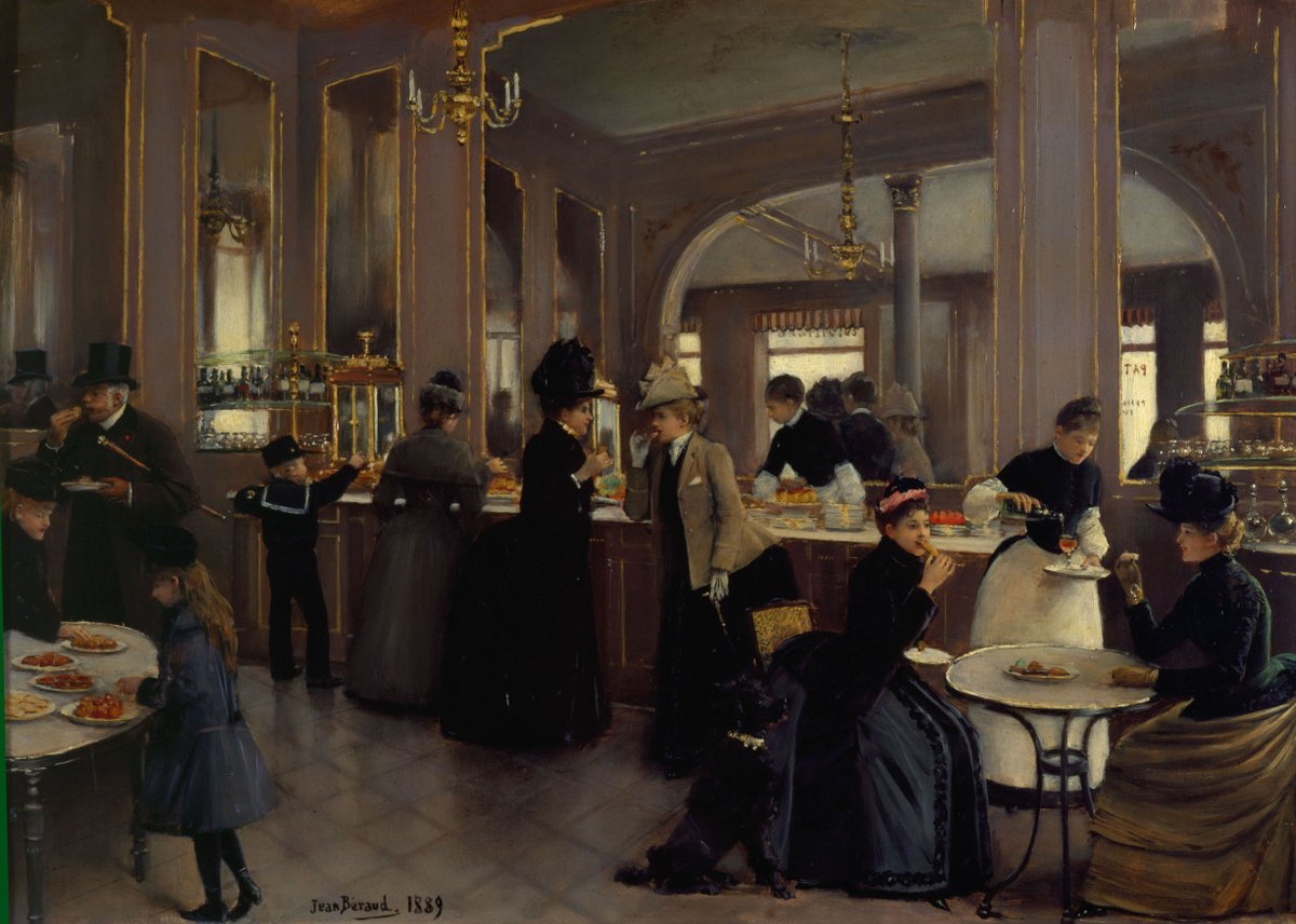longvictorian2's tweet photo. La Pâtisserie Gloppe au Champs-Élysées (1889) by Jean Béraud (1849–1935). 

'Tea would arrive, the cakes squatting on cushions of cream, toast in a melting shawl of butter, cups agleam and a faint wisp of steam rising from the teapot..' - Gerald Durrell, My Family &amp; Other Animals https://t.co/fey762G86k